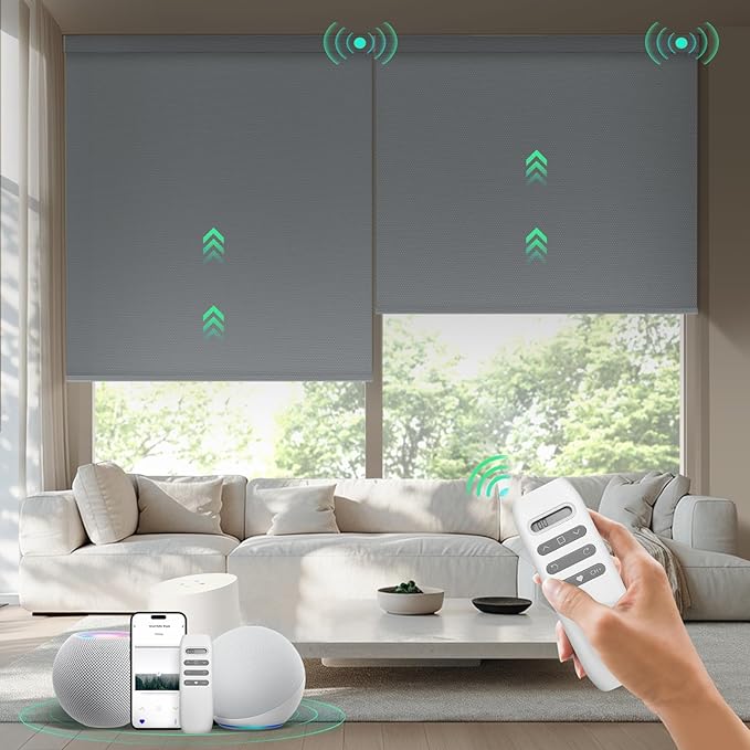 HeyBlinds Motorized Blinds with Remote, 100% Blackout Smart Blinds, Automatic Shades for Windows Compatible with Alexa Google and Homekit, Custom Size(Simply-Smoky Gray BO)