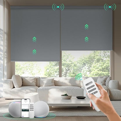 HeyBlinds Motorized Blinds with Remote, 100% Blackout Smart Blinds, Automatic Shades for Windows Compatible with Alexa Google and Homekit, Custom Size(Simply-Smoky Gray BO)