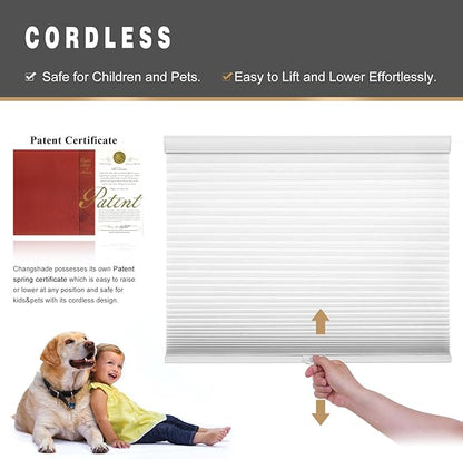 Changshade Cordless Cellular Shades Light Filtering Custom Size, Honeycomb Door Indoor Window Blinds 1.5 inch Cell Pleated Easy Install for Home, Office, Living Room, Bedroom, Bathroom, Nursey, White