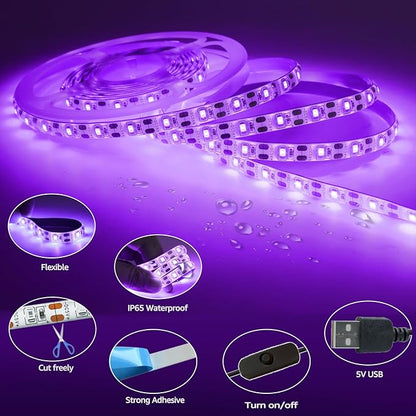 UV LED Strip Lights, 5V USB 9.84ft Black Light with Switch SMD 2835 395nm-405nm IP65 Waterproof Total 180 LEDs Rope Strips for Bar, Halloween Party, Club, Decoration