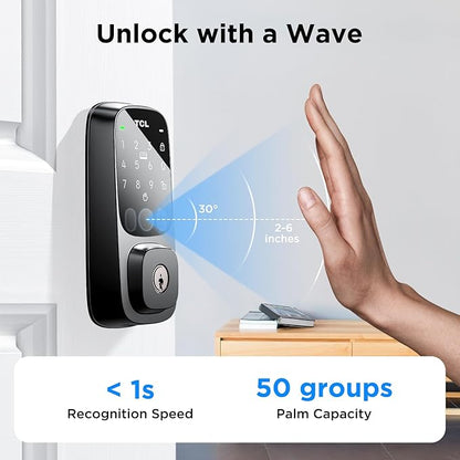 TCL D1 Pro Palm Vein Smart Lock, Keyless Entry Door Lock, Upgraded Rechargeable Battery, Front Door Smart deadboalt, App Remote Control, Auto-Lock, Waterproof, Works with Alexa