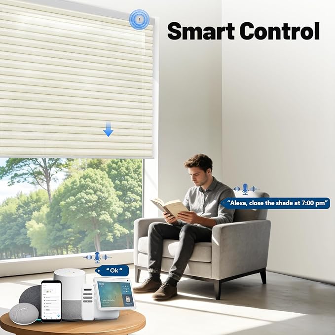 Motorized Cellular Shades with Remote, Light Filtering Smart Cellular Shades Compatible with Alexa, Honeycomb Window Blinds for Bedroom Home Office, Custom Size, Half Shading Cream