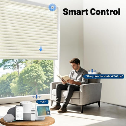 Motorized Cellular Shades with Remote, Light Filtering Smart Cellular Shades Compatible with Alexa, Honeycomb Window Blinds for Bedroom Home Office, Custom Size, Half Shading Cream