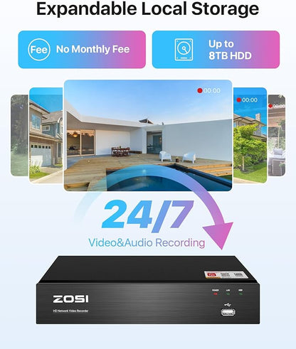 ZOSI 4K 8CH Spotlight PoE Security Camera System,8pcs 4K Outdoor IP Cameras,Color Night Vision,Person Vehicle Detection,2 Way Audio,8Channel 8MP NVR Recorder with 2TB HDD for Home 24/7 Recording
