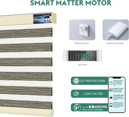 Motorized Zebra Blinds with Remote [Dual Layer + Light Filtering] 60% Blackout Smart Shades for Indoor Windows, Alexa Google and HomeKit Compatible, Customized Size, Woven Slate