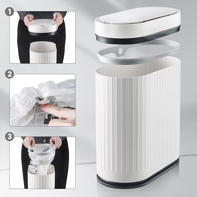 ELPHECO Bathroom Trash Can 2 Gallon Plastic Smart Garbage Can Waterproof Wastebasket Bathroom Decor Narrow Garbage Bin with Automatic lid for Bedroom, Kitchen, Office, White Black