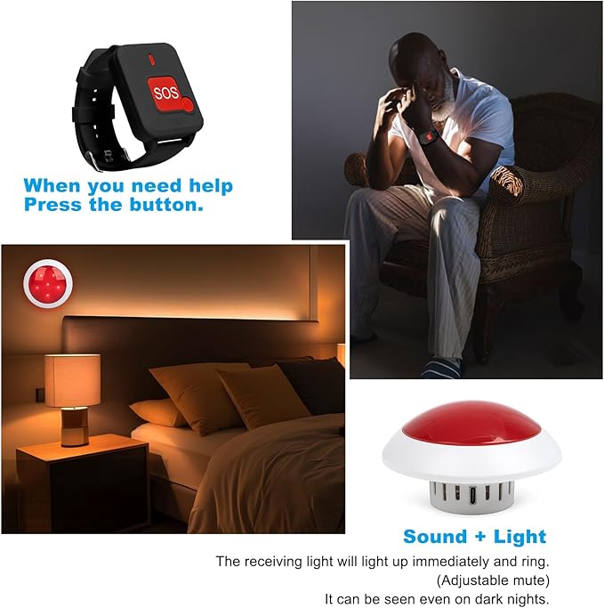 Wireless Caregiver Pager System - 2 Receivers with Strobe Light 3 Waterproof Transmitters (2 Lanyard/1 Watch SOS Button) Emergency Alert for Elderly Patients Home Care Hospitals No Monthly Fee
