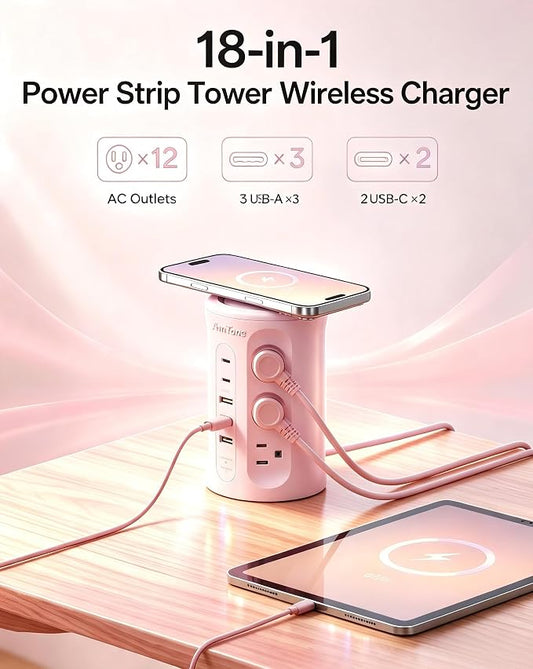 Power Strip Tower with USB Ports, 6.5 FT Extension Cord with Multiple Outlets (12AC+3A+2C) for Home Office Desk College Dorm Room Supplies