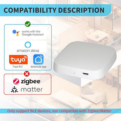 White Mesh Bluetooth WiFi Gateway - 2.4GHz Only, 10m Coverage 128 Devices, Compatible with Tuya Alexa Google Home Home Assistant, Easy Setup (Micro USB)