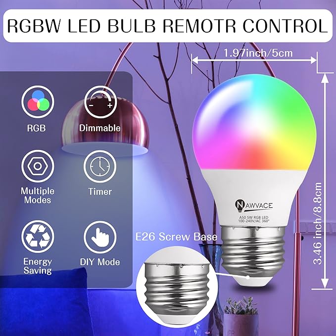 RGB Color Changing Light Bulb with Remote Control, 5W 40W Colored Light, 30 Color RGB for Bedroom, Living Room, 6-Pack
