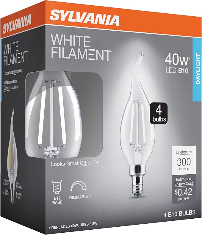 Sylvania B10 Clear LED White Filament Bulb, 3.5W, Dimmable, 300 LMS, Candelabra Base, 5000K, Daylight - 4 Pack (41847)