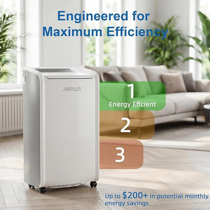 AIRPLUS 4,500 Sq.Ft 70 Pint Dehumidifier for Basements and Home-with Drain Hose,Efficient,Energy-with Dual Protection and 4 Smart Modes,24H Timer,Defrost,for Large room