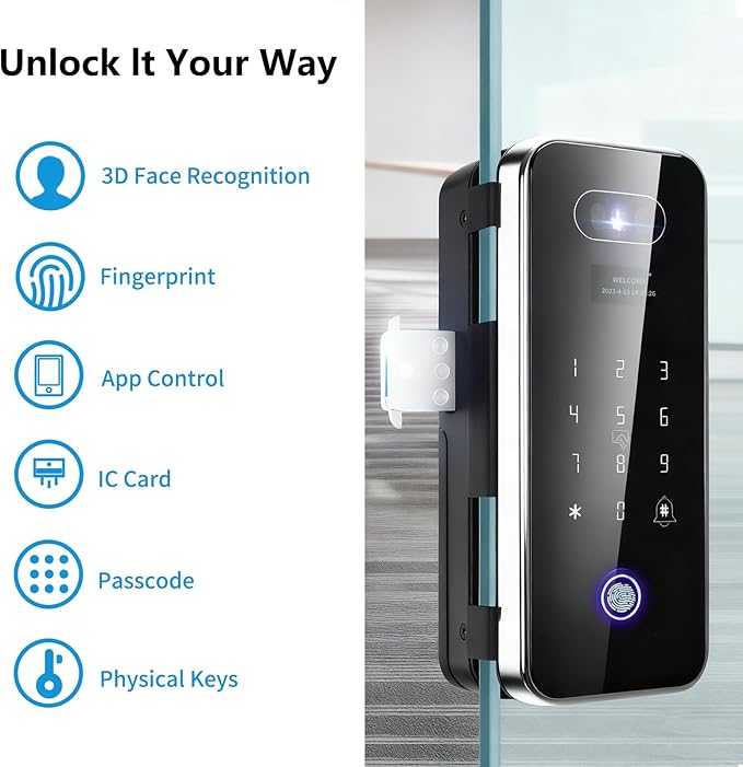 EIYSIE Sliding Glass Door Lock, Fingerprint Lock with 3D Face Recognition for Frameless Doors, Keyless Entry Door Lock with Keypad, No-Drill Smart Glass Lock for Office Store Home