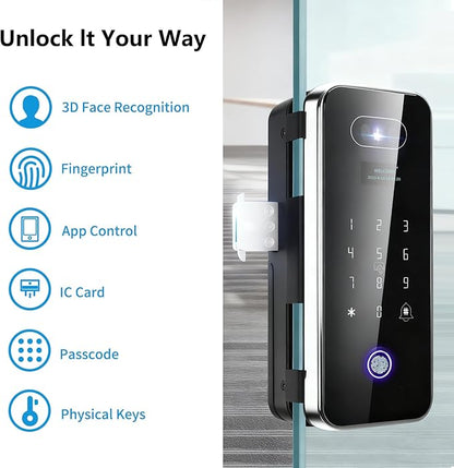 EIYSIE Sliding Glass Door Lock, Fingerprint Lock with 3D Face Recognition for Frameless Doors, Keyless Entry Door Lock with Keypad, No-Drill Smart Glass Lock for Office Store Home