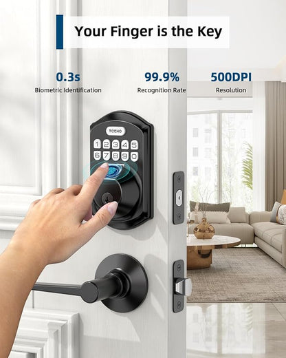 TEEHO TE002L Fingerprint Door Lock with 2 Lever Handles, Keyless Entry Deadbolt with Handle Set, Electronic Keypad Deadbolt for Front Door, Auto Lock and 1 Touch Locking, Matte Black