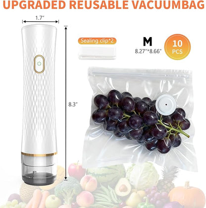 Vacuum Sealer for Food – Keeps Food Fresh up to 10× Longer, Cordless & rechargeable & strong suction for storage & sous vide(Handheld Vacuum Sealer + 10 Reusable Vacuum Bags)