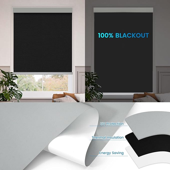 Motorized 100% Blackout Roller Shades – Custom Smart Blinds with Remote Control, Rechargeable Battery or Plug-in Motor, Tuya WiFi Optional, Home & Office Automatic Window Shades (Black/CH9296)