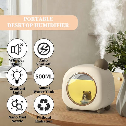 Portable Mini Humidifier, 500ML Cartoon Bear USB Mist Small Humidifier with Colorful Lights, Personal Desktop Humidifier for Bedroom Baby, Portable Humidifier for Office, Plants, Auto Shut-Off