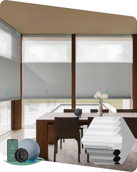Yoolax Smart Motorized Day and Night Cellular Shades with Remote, Top Down Bottom Up Blinds Compatible with Alexa, Blackout and Light Filtering Honeycomb Blinds (Light Grey)