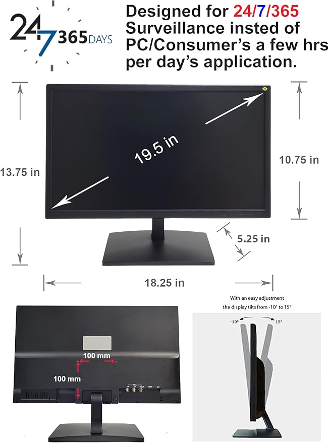 1stPV 19.5" Super HD 5MP/2592×1944 HD-TVI, AHD, CVI & CVBS 16:9 Professional Security Monitor, 1 HDMI, 2 BNC Inputs & 1 Outputs, working with 5MP security cameras directly in addition to DVR/NVR & PC