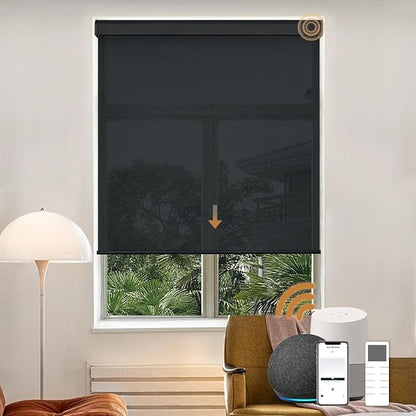 Motorized Light Filtering Roller Shades with Remote Control, Electric Smart Shades Compatible with Alexa and Google, Rechargeable, Customizable Size (fireproofing Black)