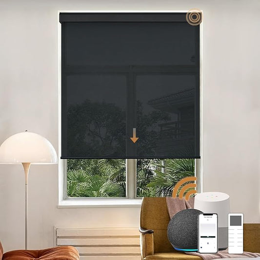 Motorized Light Filtering Roller Shades with Remote Control, Electric Smart Shades Compatible with Alexa and Google, Rechargeable, Customizable Size (fireproofing Black)