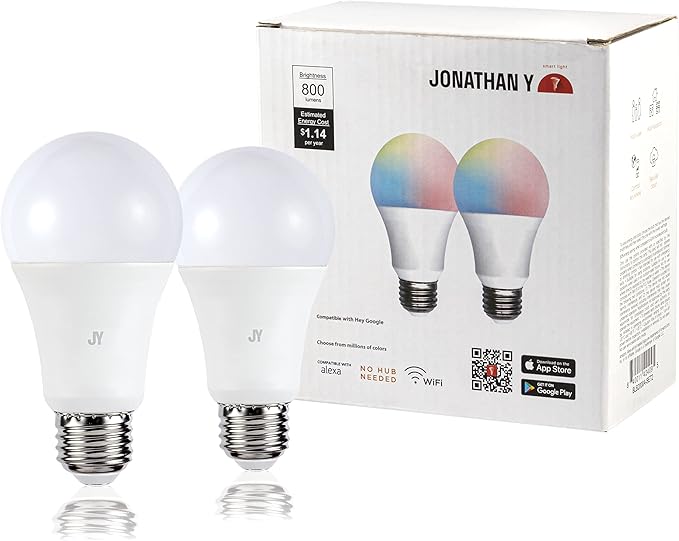 JONATHAN Y BLB2000A-SET2 Smart A19 Dimmable Light Bulb, Dimmable Color Changing LED, Alexa, Google Home Assistant Compatible, No Hub Required, Set of 2