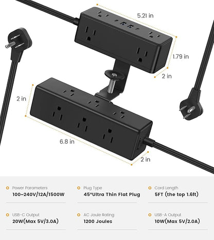 Dual Layer Desk Clamp Power Strip with 4 USB Ports(20W USB-C) & 15 AC Outlets, Desktop Edge Mount Surge Protector, Ultra Thin Flat Plug & 5FT Power Cord for Office Home(ETL Listed)
