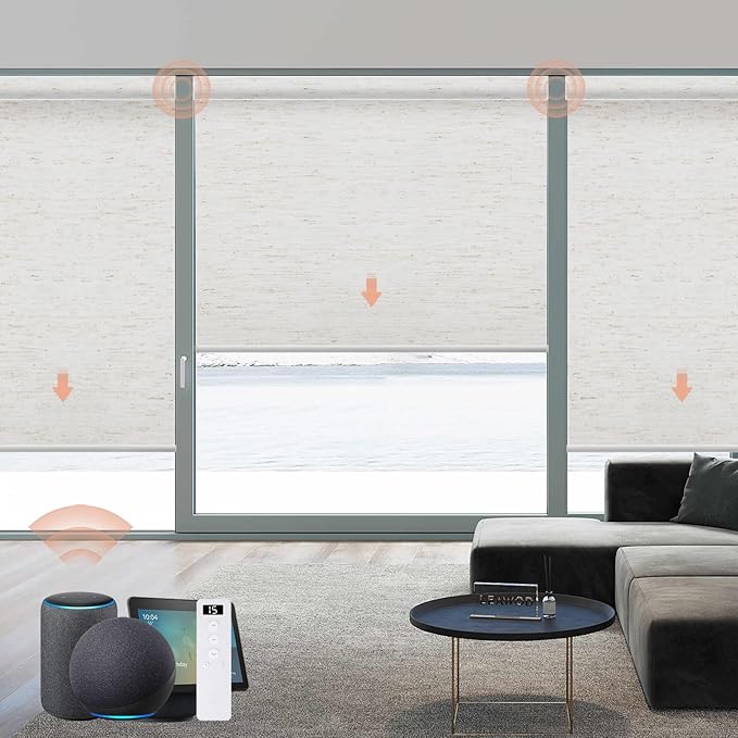 Motorized Blinds Roller Shade with Remote: Canisteo Automatic Smart Blind for Windows 100% Blackout, Electric Blinds Compatible with Alexa/Google Home/Apple Homekit, Customized Size, Linen White