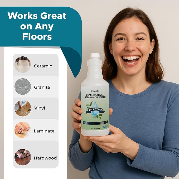 Steam & Go Scented Demineralized Water, Eucalyptus Mint, 32 fl oz (6-Pack) | Mineral-Free, Ready-to-Use Floor & Garment Steamer Solution; Prevents Buildup, Supports Steam Performance