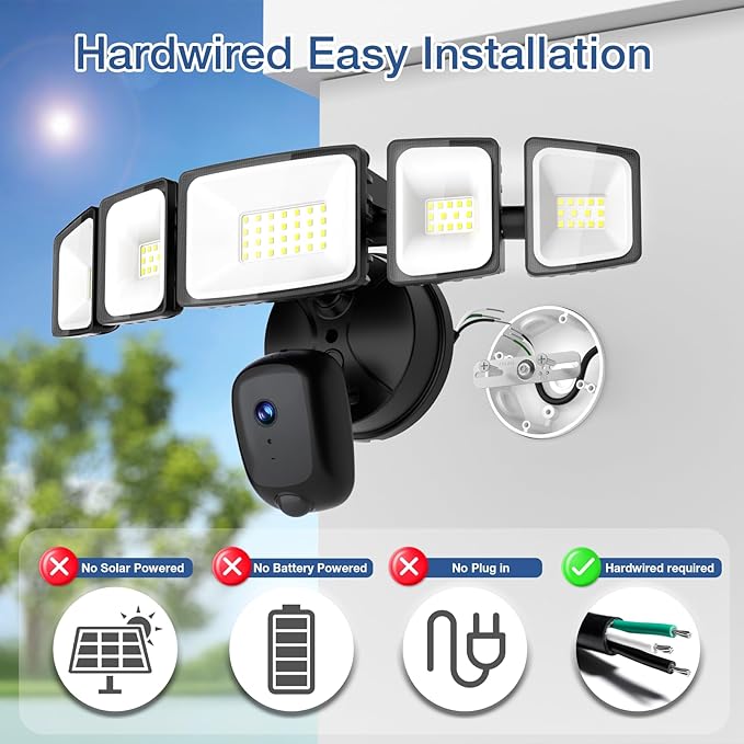 iMaihom Floodlight Camera Outdoor Wired, 2K QHD Security Cam with Motion-Activated, 5500LM Brightness 5 Heads Lamp, Color Night Vision, 2-Way Audio, Cloud/SD Storage