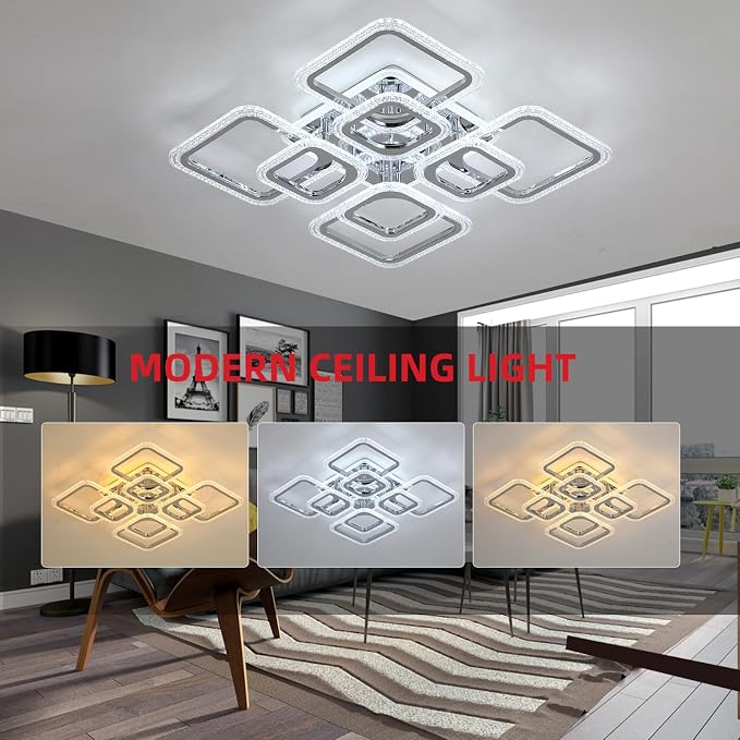 Modern Bedroom & Kitchen Ceiling Light, 80W Dimmable LED, 8 Squares, 3000-6000K, Chrome