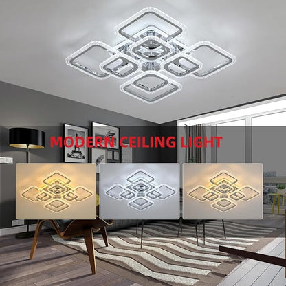 Modern Bedroom & Kitchen Ceiling Light, 80W Dimmable LED, 8 Squares, 3000-6000K, Chrome