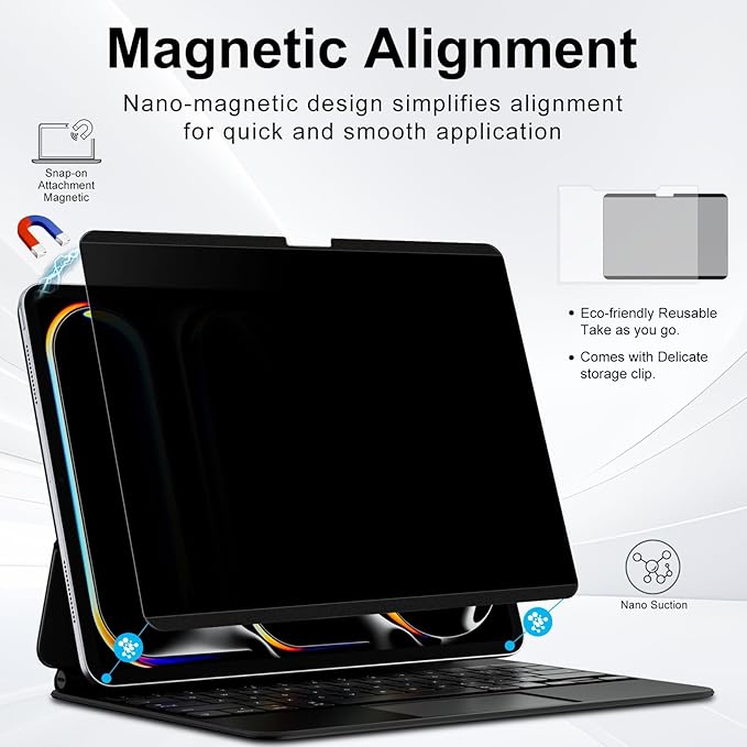 Magnetic Privacy Screen Protector for iPad Pro 11 inch M5 M4 (6th/5th Generation,2025/2024),Removable Anti Spy Glare Blue Light Filter Black Secrity Privacy Film Film