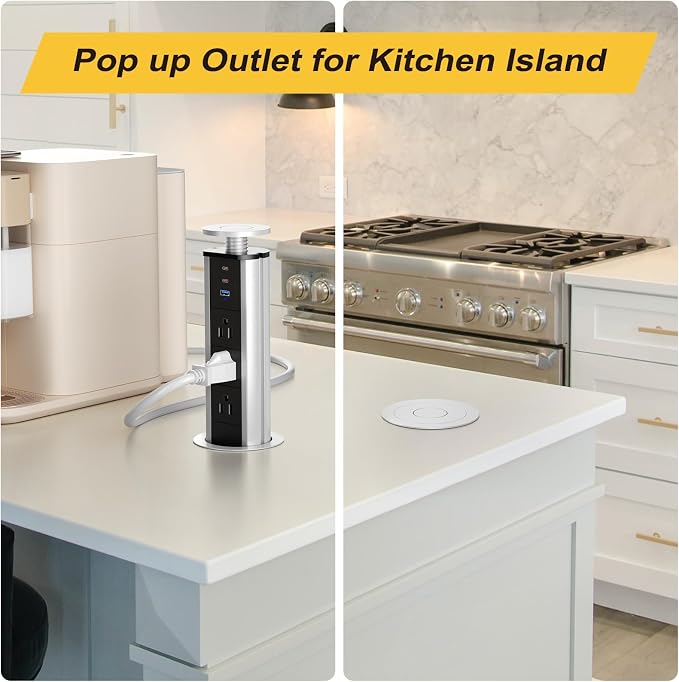 Pop Up Outlet for Countertop, Pop Up Socket with 3 AC Outlets and 2 PD 20W USB-C & 1 USB-A Ports, Pull Pop Up Power Outlet for Kitchen Conference Office, 3-3/8 Inch(85MM) Hole Grommet Power Strip