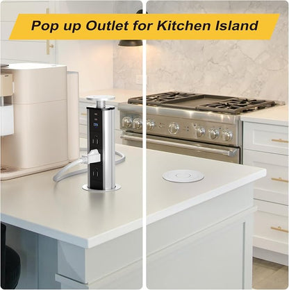Pop Up Outlet for Countertop, Pop Up Socket with 3 AC Outlets and 2 PD 20W USB-C & 1 USB-A Ports, Pull Pop Up Power Outlet for Kitchen Conference Office, 3-3/8 Inch(85MM) Hole Grommet Power Strip