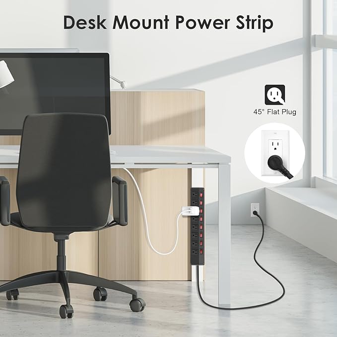 8 Outlet Metal Power Strip with Individual Switches,Heavy Duty Appliance Power Strip with Flat Plug,1200J Surge Protector,10FT Extension Cord,15A 120V 1800W,Home Office School Shop Industrial