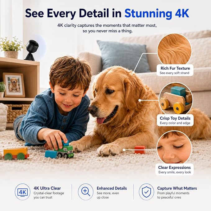 4K Mini Indoor Security Camera Wirless Nanny Cam with 60-Days Battery Life