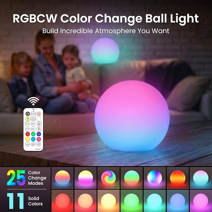LOFTEK 8-inch LED Ball Light, Rechargeable Colar Change Lamp with Remote | 25 Modes, 11 RGB Colors Orb Light, Dimmable, Cordless & Timer, Mood Lighting for Home Bedroom Patio Decorative Lighting