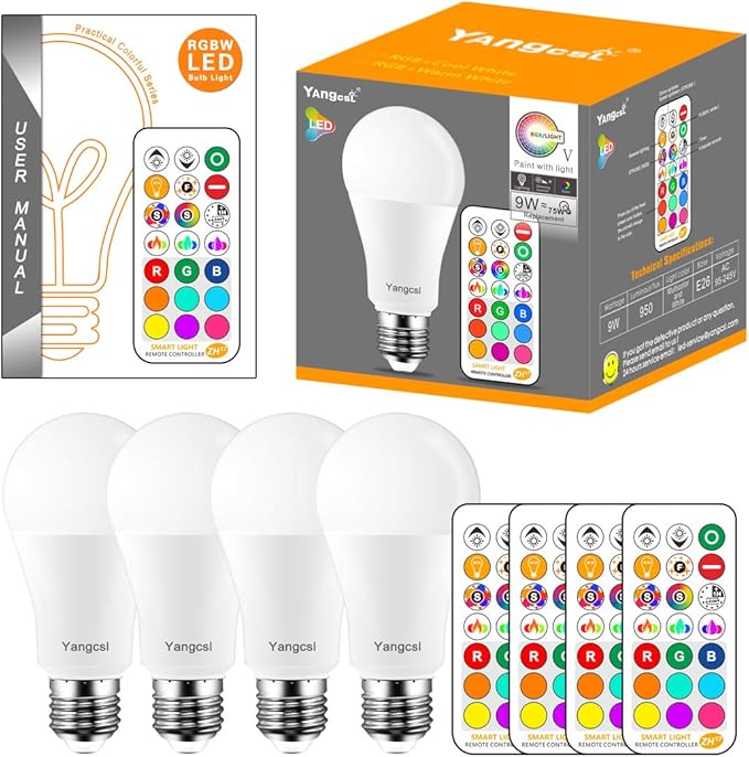 Yangcsl LED Light Bulbs 85W Equivalent 1200lm, RGB Color Changing Light Bulb, 6 Moods - Memory - Sync - Dimmable, A19 E26 Screw Base, Timing Remote Control Included (Pack of 4)