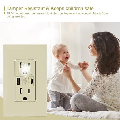 Micmi Ivory USB Outlet with C + A Wall Dual High Speed Receptacle Smart 4.8A Fast Charging Capability, 15 Amp 125Volt, Tamper Resistant Wall Plate Included UL Listed (10Pack, Ivory, 15 Amp Outlet)