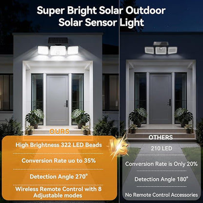 TECKNET Solar Lights Outdoor with Remote, 322 LED 3500LM Motion Sensor Outdoor Lights, 270° Adjustable Heads IP66 Waterproof Solar Flood Lights Outdoor for Yard Garage Pool, 2 Pack