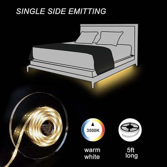 Under Bed Lights Motion Sensor, Motion Activated Bed Lighting, 12V Power Adapter,Dimmable LED Strip Night Light for Bedroom, Stairs, Crib, Cabinet, Warm White - 5FT Single Kit