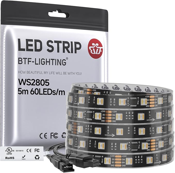 BTF-LIGHTING WS2805 IC RGBCCT UL Listed 16.4FT 60LED/m 10Pixel/m DC24V IP67 | Addressable Dual Data LED Strip 5050SMD 5 Colors in 1 Chasing Color RGB+CCT 3000K-6500K(No Adapter or Controller)