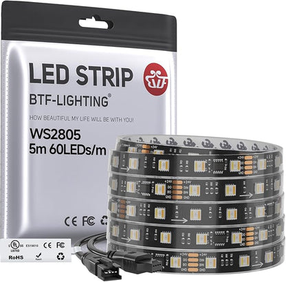 BTF-LIGHTING WS2805 IC RGBCCT UL Listed 16.4FT 60LED/m 10Pixel/m DC24V IP67 | Addressable Dual Data LED Strip 5050SMD 5 Colors in 1 Chasing Color RGB+CCT 3000K-6500K(No Adapter or Controller)