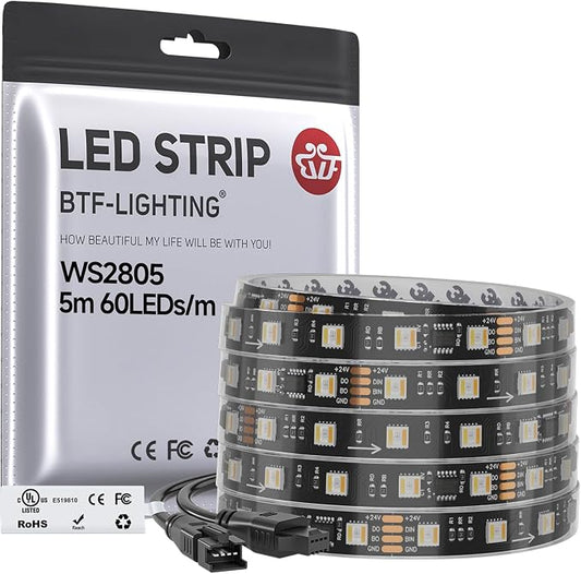 BTF-LIGHTING WS2805 IC RGBCCT UL Listed 16.4FT 60LED/m 10Pixel/m DC24V IP67 | Addressable Dual Data LED Strip 5050SMD 5 Colors in 1 Chasing Color RGB+CCT 3000K-6500K(No Adapter or Controller)