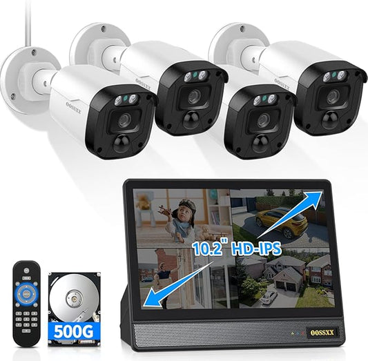 3K 5MP Wired CCTV Security Camera System with 122° Ultra Wide Angle, 4CH DVR with Monitor, 4X IP66 Indoor Outdoor Cameras, 65ft IR Night Vision, Free App, No Subscription Fee, Remote Access
