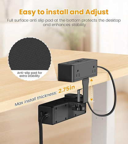 Dual Layer Desk Clamp Power Strip, Desktop Edge Mount Surge Protector with 15 AC Outlets & 4 USB Ports(20W USB-C), Ultra Thin Flat Plug & 15FT Power Cord for Office Home(ETL Listed)