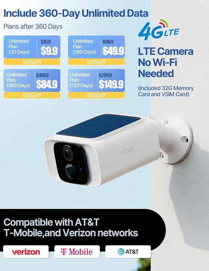 MOES 4G LTE Cellular Security Camera,360-Day Unlimited Data,No WiFi Needed