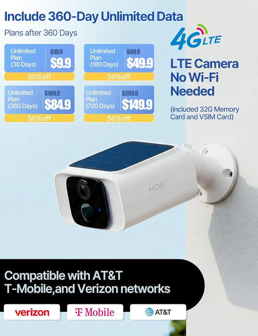 MOES 4G LTE Cellular Security Camera,360-Day Unlimited Data,No WiFi Needed
